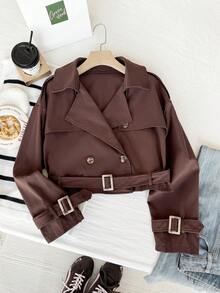 Comfortcana Plus Size Retro Solid Color Lapel Short Trench Coat Plus Size Cropped Jacket Plus Size Brown Jacket Winter Fall Autumn - Brown - View 6
