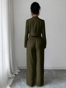 Elenzga Bộ 2 món áo khoác ngắn cổ vuông và quần ống đứng dáng rộng, vải dệt trơn màu, thời trang công sở giản dị, thanh lịch, mùa thu/đông - màu xanh lá - Xem 2