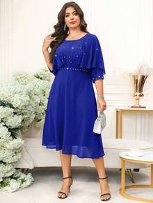 SHEIN Clasi Plus Size Women Solid Color Faux Pearl Decor Round Neck Short Sleeve Elegant Dress Fall - Royal Blue - View 6