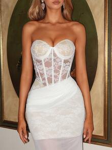 Vowa Elegant, Romantic, Fashionable, Sexy, Young, White Color, Lace Fabric, Mesh Patchwork, Fishbone, Fishtail, Fashion, Single Party, Wedding, Graduation Season, Vacation, Afternoon Tea Outfit, Bridal Gift Dress