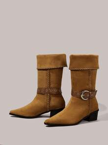 Styleloop Women's Retro Western Style Buckle Thick Heel Mid-Calf Boots For Christmas - Camel - View 3