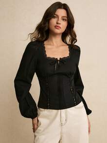 Poéselle Women's Fashionable Elegant Square Collar Lace Patchwork Long Sleeve Blouse - Black - View 5