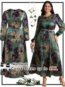 SHEIN CURVE+ 大码女士优雅浪漫扎染圆领灯笼袖A字长裙，缎面印花连衣裙，婚礼宾客礼服，优雅女装，复古女装，正式礼服，缎面连衣裙，新娘母亲礼服，2025/2026/新年新款 - 彩色 - 查看 1