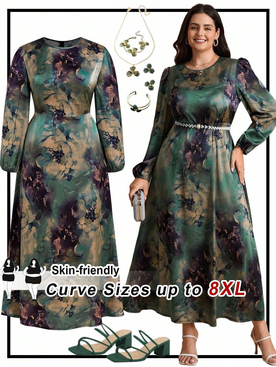 SHEIN CURVE+ 大码女士优雅浪漫扎染圆领灯笼袖A字长裙，缎面印花连衣裙，婚礼宾客礼服，优雅女装，复古女装，正式礼服，缎面连衣裙，新娘母亲礼服，2025/2026/新年新款 - 彩色 - 查看 1