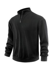 Manfinity Dauomo 男士纯色拉链半开襟长袖休闲宽松套头衫四分之一拉链卫衣 - 黑色 - 查看 6