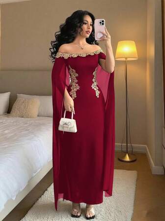 Rafferiza 优雅性感日常百搭金色花朵装饰露肩透视裹腰超长美人鱼连衣裙，黑色，春夏