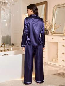LuxeNights 女士撞色滚边领口开襟口袋刺绣上衣和裤子睡衣套装，冬季服装 - 藏蓝色 - 查看 2