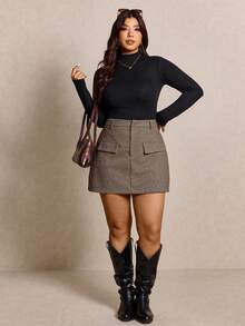 Elaquor Plus Size Women's Herringbone Pattern Versatile Casual Commute Mini Skirt - Camel - View 6