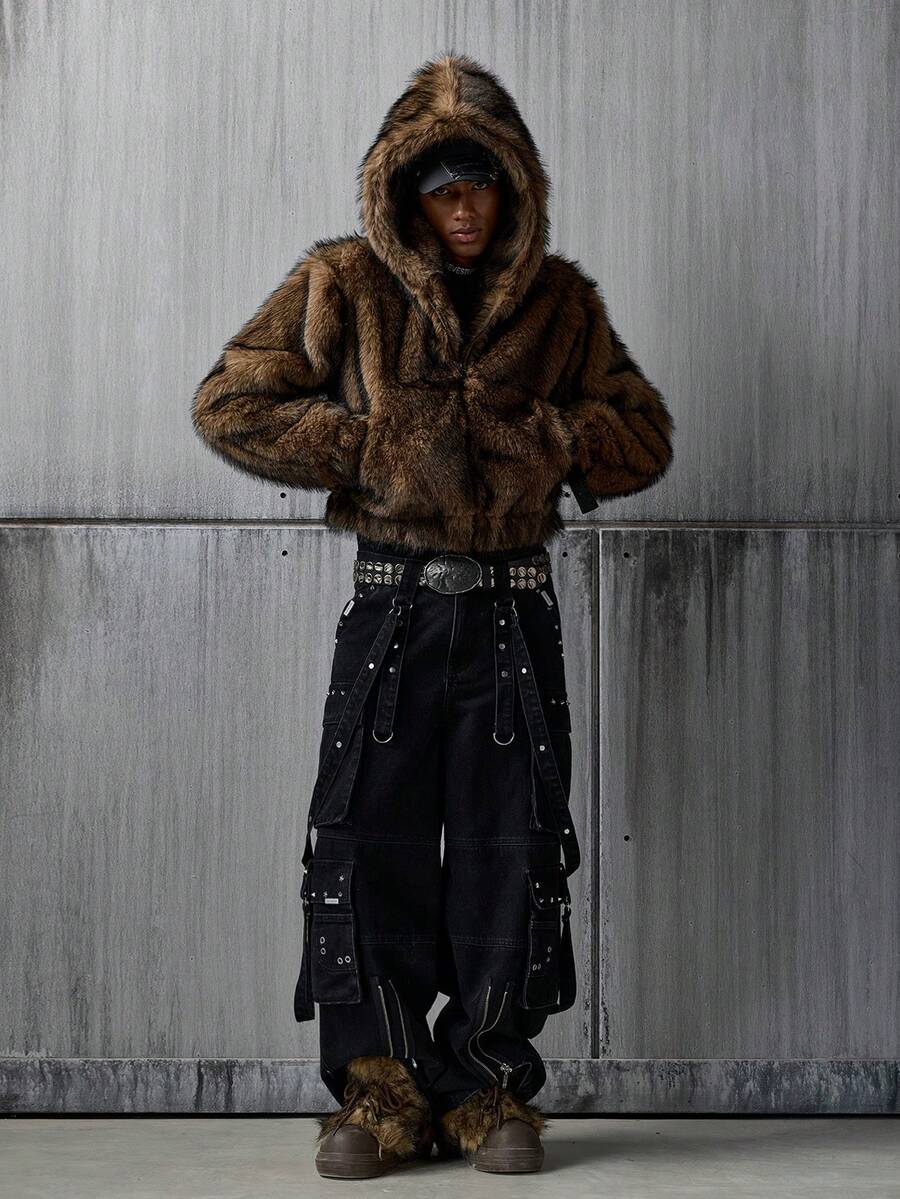 NEON BLANC Men's Hooded Faux Fur Pocket Casual Commuter Jacket - Camel - View 1