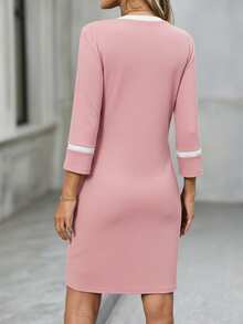 EMERY ROSE Women's Elegant Commuter Color Block Trim Fitted Mid-Length Dress   Valentine Outfits For Women - Pink - View 2