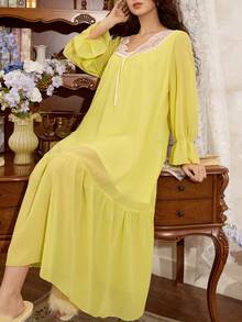 Côtesoire ثوب نوم نسائي فضفاض مزين بالدانتيل الفرنسي الأنيق والفيونكة، بأكمام واسعة وذيل مكشكش، مناسب لعيد الحب - أصفر - مشاهدة 6