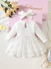 SHEIN Newborn Baby Girl White Pit Stripe Three-Dimensional Embroidery Flower Bow Splicing Mesh Dress And Headband 2-Piece Set, Autumn And Winter New Elegant And Suitable For Outdoor Shooting - White - View 2