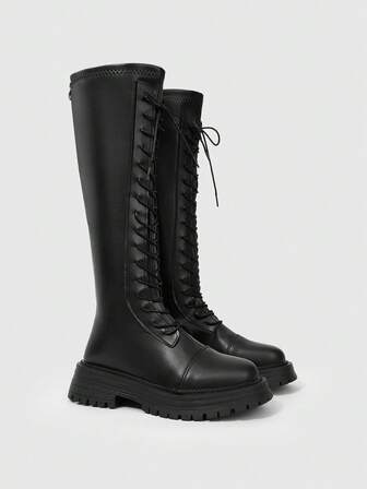 Goth بوت نسائية كاجوال بسيطة ذات كعب سميك وأربطة للكاحل