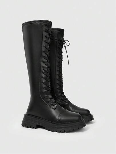 Goth Botas de media caña con cordones y suela gruesa para mujer, de estilo minimalista y casual