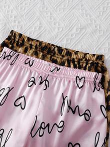 4pcs Set Satin Leopard Print Heart Pattern Faux Silk Fabric Short Sleeve Top And Pants - Multicolor - View 4