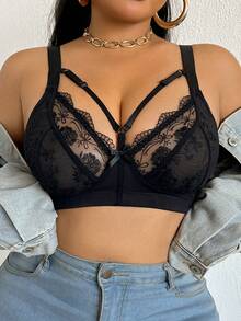 1pc Plus Size Wireless Mesh Embroidered Bra - Black - View 11