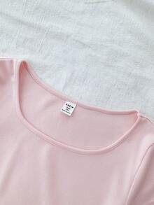 SHEIN 少女纯色圆领修身休闲短款短袖T恤 - 粉色 - 查看 5