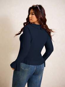 Elaquor Elegante Bluse mit Rüschen, weiten Ärmeln und Schleife vorne für Damen, Herbst - marineblau - Übersicht 2