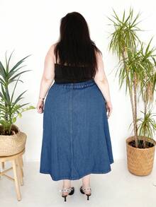 Truni Blue Plus Size Denim Skirt Mid-Length Loose Umbrella Skirt Autumn Skirt, For Pear Triangle Body Shape - Dark Wash - View 2