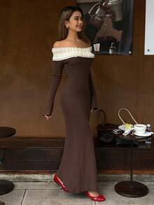 Livesso Autumn/Winter Ruffled Trim Fitted Women Sweater Dress - Brown - View 4