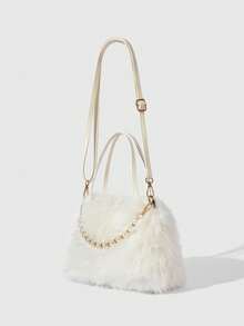Aloruh White Plush Women Handbag, Fashion Pearl Hand Bag, Fuzzy Furry Shoulder Bag, Versatile For Dating, Commuting, Elegant Pearl Bag, New Arrival Fur Bag For Women - White - View 4