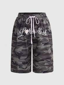 ROMWE Street Life Pantalones cortos holgados con cordón en la cintura y bordado de camuflaje para mujer de talla grande - Multicolor - Ver 1