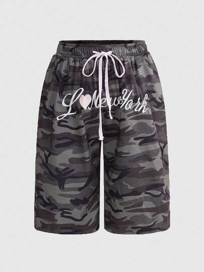 Street Life Short ample avec taille à cordon de serrage et broderie camouflage pour femmes grandes tailles