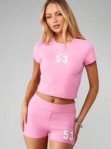 Missguided x Playboy Logo Sports Set With Crop Top And High Waist Shorts Athletic Two Piece Outfit - Pink - View 2