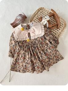 Baby Girls Elegant Floral Print Color Block Bowknot Dress - Multicolor - View 1