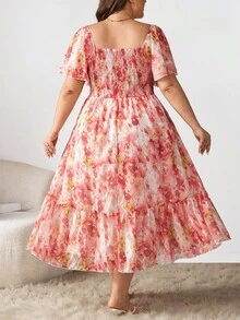 Enliva Ry2ky Plus Size Boho Vintage Women's Spring Vacation/Valentine's Day Pink Floral Print Chiffon Square Neck Chest-Ruched Ruffle Hem Long Dress, For Summer,Beach Dress Sundress,Holiday Outfits, For Apple Rounded Body Shape - Multicolor - View 2