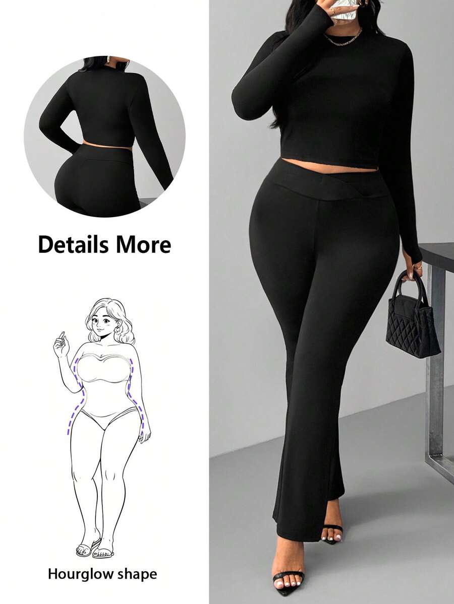 Hourglow Plus Size Women's Solid Color Round Neck Long Sleeve T-Shirt And Flare Pants Fashion 2 Pieces Set/Autumn /Winter - Black - View 1