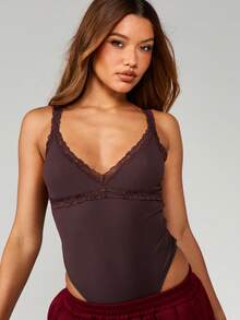 MISSGUIDED Lace Trim Plunge Neckline Bodysuit With Adjustable Straps Fitted Silhouette Lingerie Style Top For Night Casual Wear - Brown - View 4