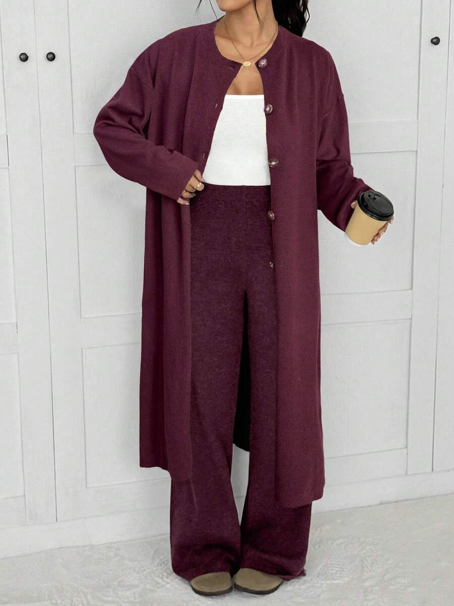 SHEIN EZwear Áo khoác cardigan dệt kim cổ tròn màu nâu cà phê cài nút phía trước cho nữ - Màu Đỏ Sâu - Xem 1