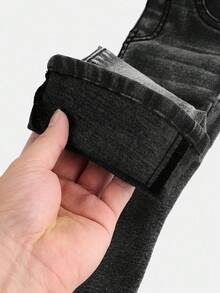SHEIN Baby Girls' Blue Denim Thermal Lined Elastic Skinny Flare Pants - Black - View 7