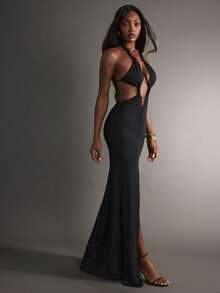Hauture Sexy Party Night Out Front Ring Detail Twisted High Slit Cocktail Maxi Dress - Black - View 4