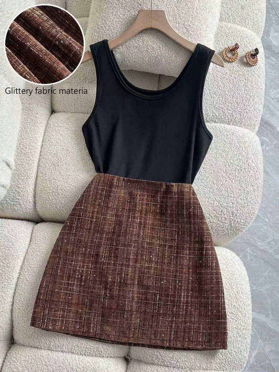 Chiquease Everyday Versatile Casual Commuting Midi Skirt Women's Spring And Summer Set Midi Skirt Short Skirt Shimmering Midi Skirt Valentine's Day Outfits Valentine's Day Outfits Brown Midi Skirts Valentine's Day Outfits Women's Elegant Outfits Brown Skirts - Coffee Brown - View 1