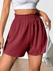 SHEIN MOOSTA 女士纯色宽松休闲荷叶边腰部短裤 - 酒紅色 - 查看 5