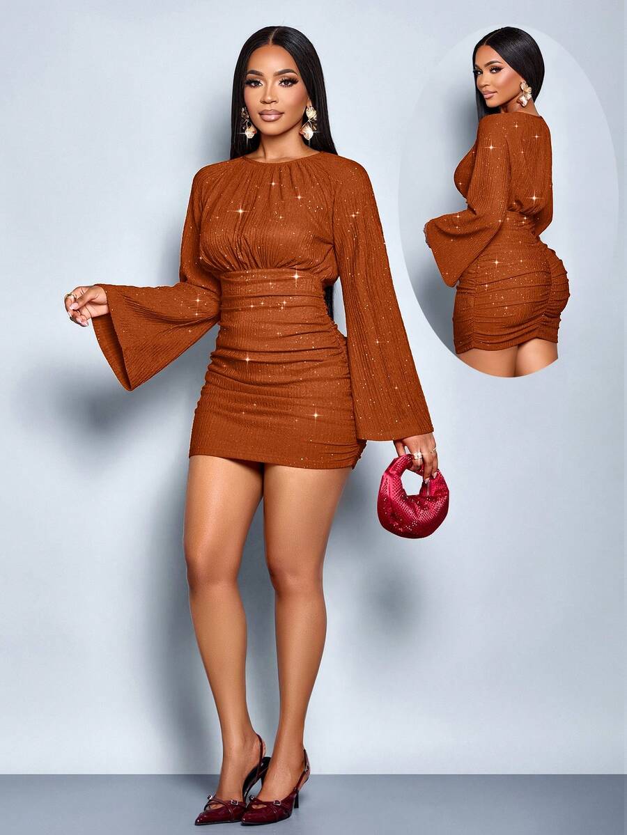 SOLERSUN Women's Elegant Long Sleeve Ruched Hem Sparkly Bodycon Sexy Mini Dress,Suitable For Christmas Party Vacation & Dating & Valentine's Day Dating - Rust Brown - View 1