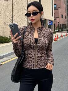 DAZY Women Fashionable Slim Fit Stand Collar Leopard Print Jacket With Zipper,Fall Clothes - Brown - View 8