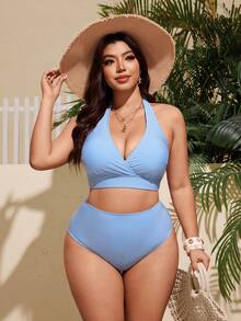 Swim Vcay 大码女式两件套纯色挂脖系带性感沙滩度假比基尼泳衣 - 藍色 - 查看 4