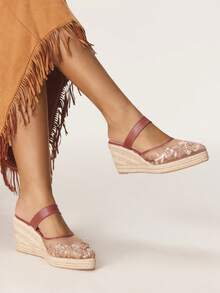 Styleloop Sandalias de plataforma con cuña de malla marrón, bordadas y tejidas con cuerda, adecuadas para fiestas, bodas, uso diario y vacaciones - Marrón - Ver 6