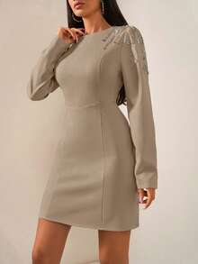 SHEIN Premium Sprinkled With Sparkling Crystals Embellished Shoulder A-Line Crew Neck Long Sleeve Business To Party Fancy Mini Dress - Mocha Brown - View 3