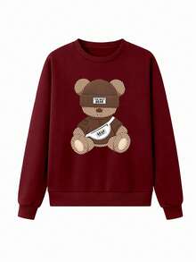 EMERY ROSE Sudadera de cuello redondo con estampado de oso de dibujos animados de manga larga para mujer - Burdeos - Ver 3
