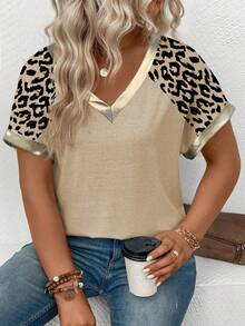 EMERY ROSE Camiseta de talla grande con estampado de leopardo, diseño de material recubierto con ribete dorado, de manga corta y cuello en V, de estilo casual para primavera/verano - Caqui - Ver 6