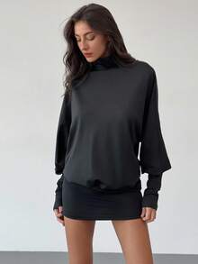 SHEIN PETITE CURVE Plus Size Fashionable Sexy Solid Color Flare Mini Dress - Black - View 2