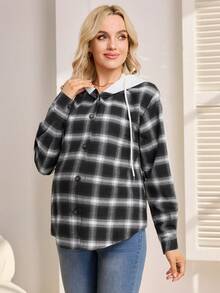 SHEIN 孕妇格子长袖连帽纽扣抽绳休闲衬衫 - 彩色 - 查看 6