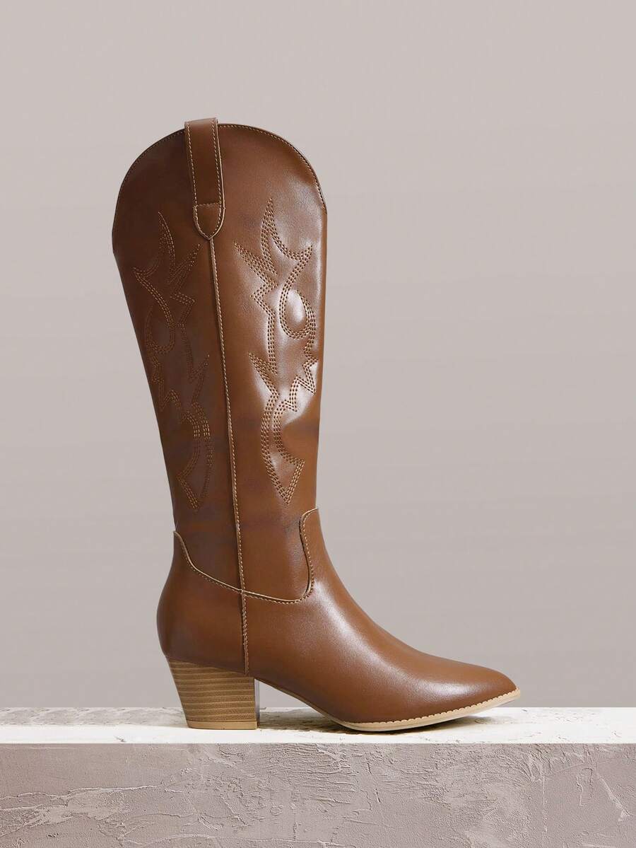 Styleloop Women's Pointed Toe Side Zipper Casual Chunky Heel Knee-High Boots For Christmas - Brown - View 1