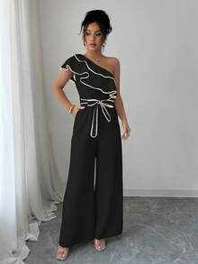 Elenzga Women's Apricot Asymmetric Shoulder Ruffle Cinched Waist Straight Jumpsuit - Black - View 3