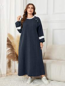 Lacomfia Sudadera con capucha de punto casual de manga larga y bloques de color talla grande - Azul Marino - Ver 5