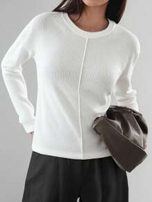 Dazy-Less Áo thun dài tay cơ bản dành cho nữ, dáng rộng, phối màu, trang phục công sở thường ngày, phù hợp cho mùa thu, đông, xuân - trắng - Xem 3